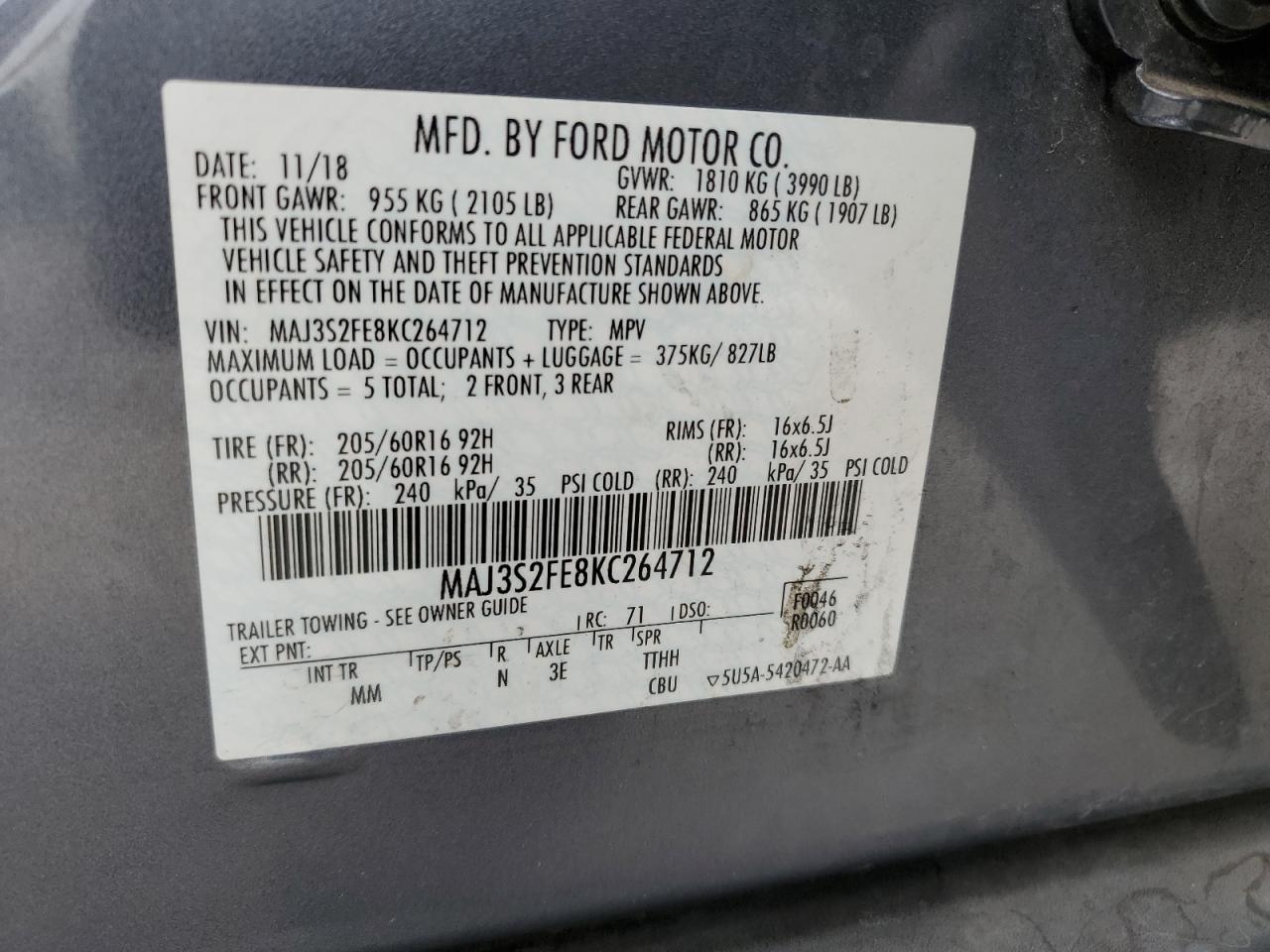 2019 Ford Ecosport S VIN: MAJ3S2FE8KC264712 Lot: 82332615