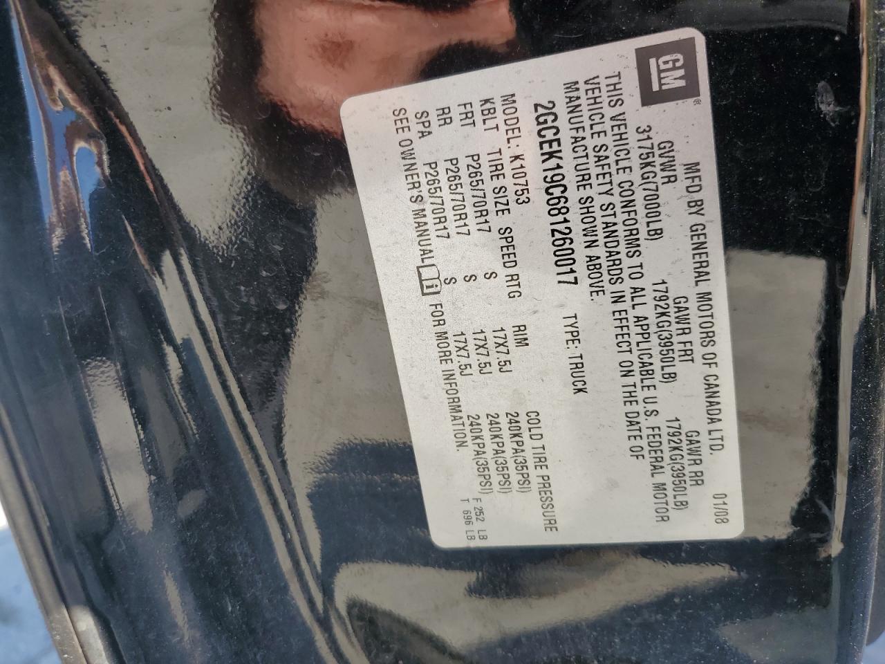 2008 Chevrolet Silverado K1500 VIN: 2GCEK19C681260017 Lot: 82228515