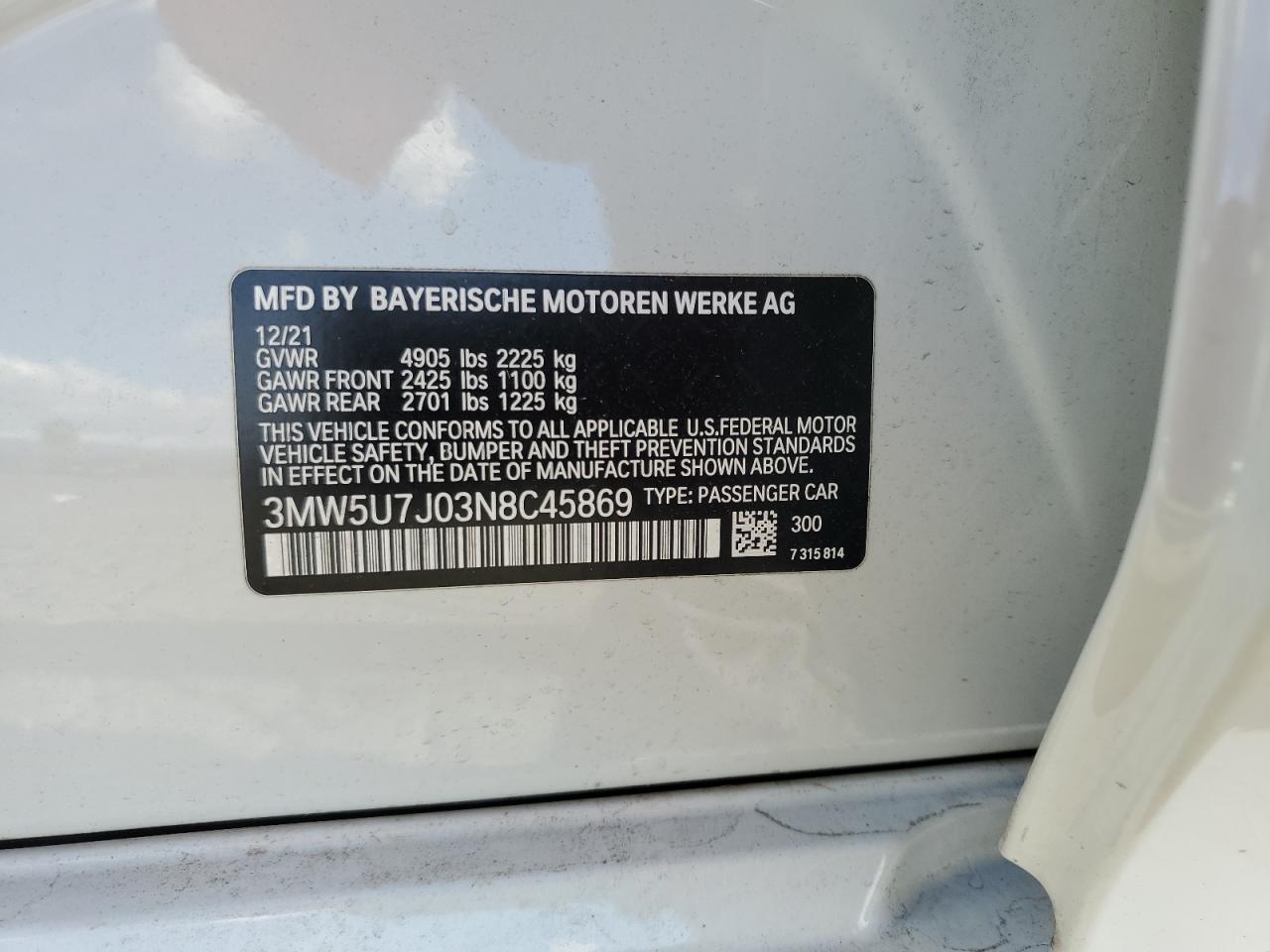 2022 BMW M340I VIN: 3MW5U7J03N8C45869 Lot: 81907335