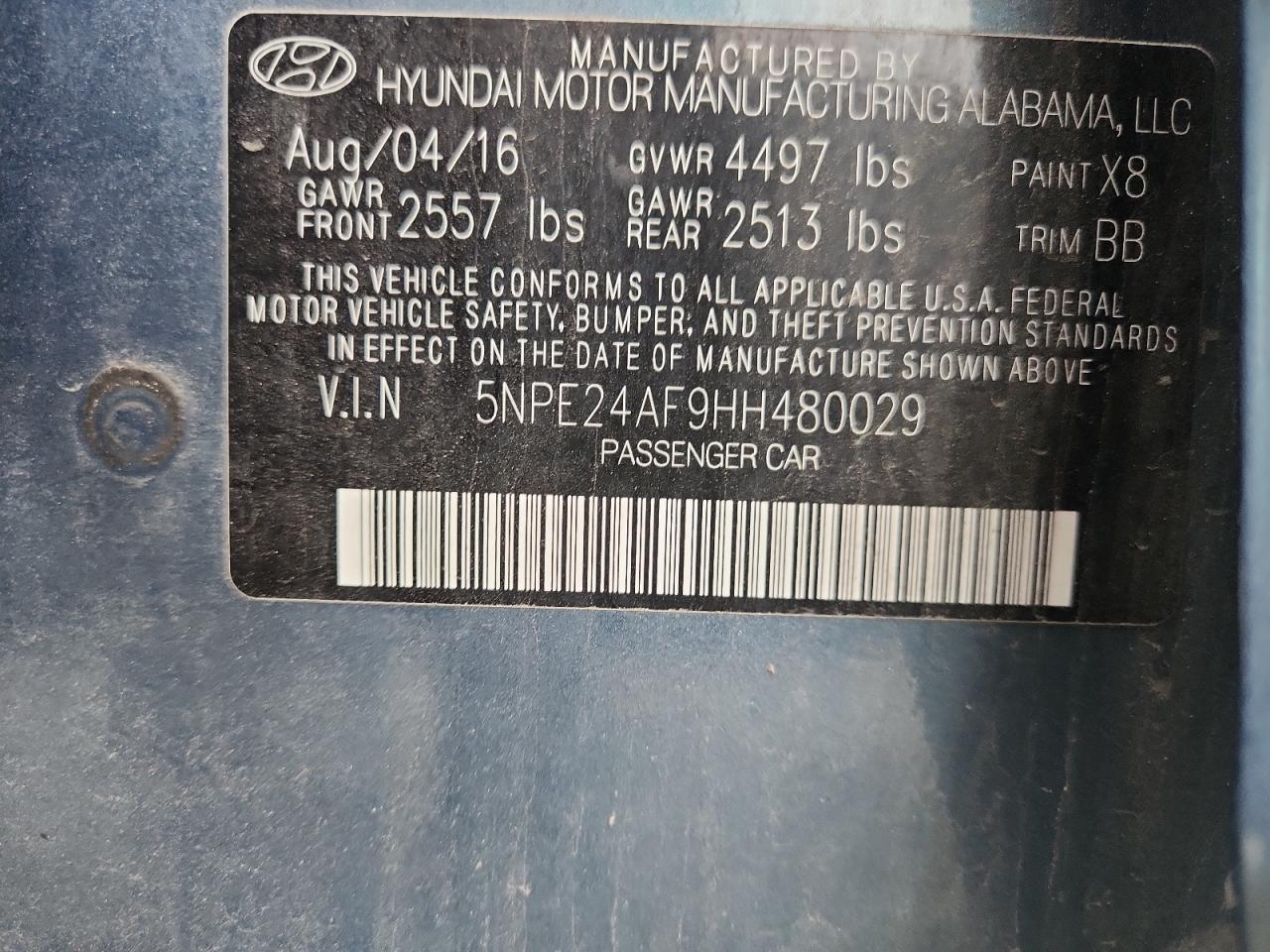 2017 Hyundai Sonata Se VIN: 5NPE24AF9HH480029 Lot: 85727755