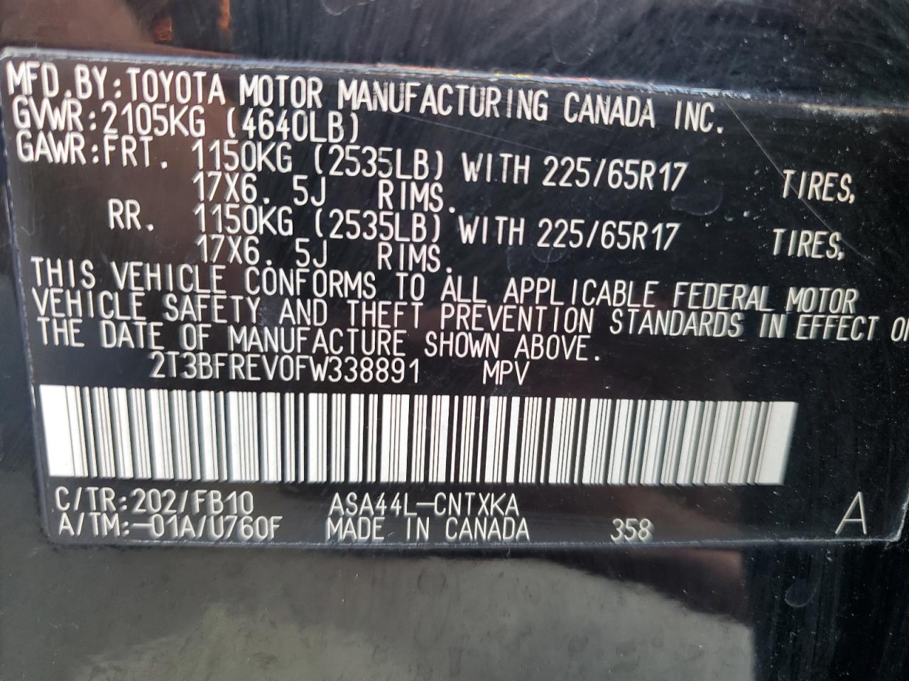 2015 Toyota Rav4 Le VIN: 2T3BFREV0FW338891 Lot: 85121035