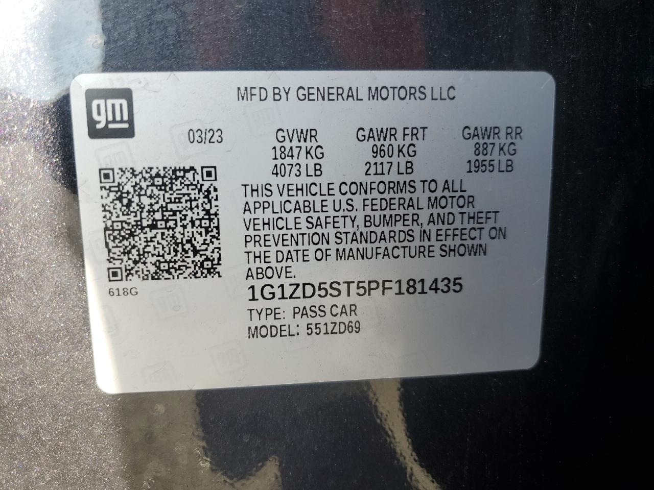 2023 Chevrolet Malibu Lt VIN: 1G1ZD5ST5PF181435 Lot: 85098305