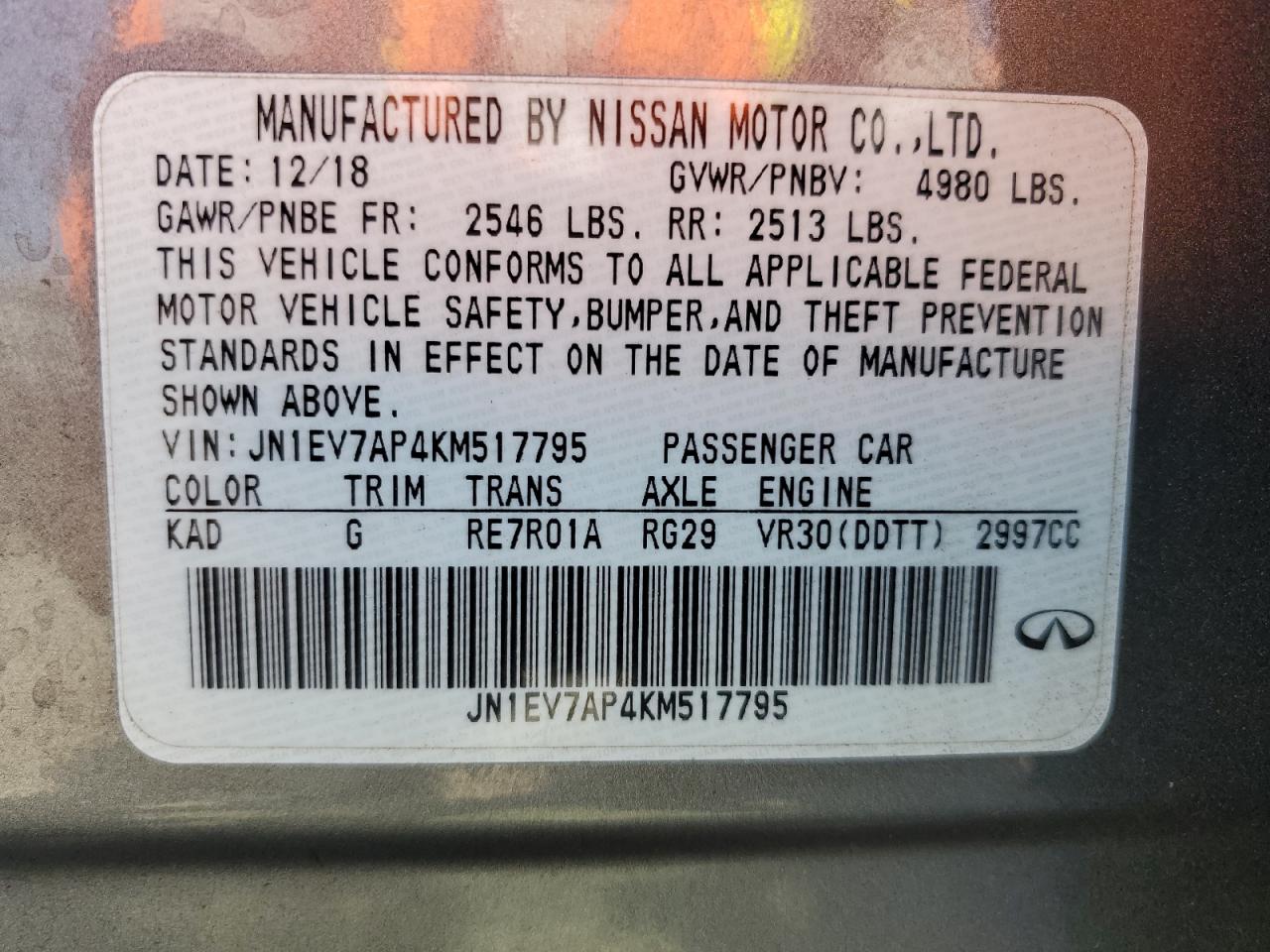 2019 Infiniti Q50 Luxe VIN: JN1EV7AP4KM517795 Lot: 86338995