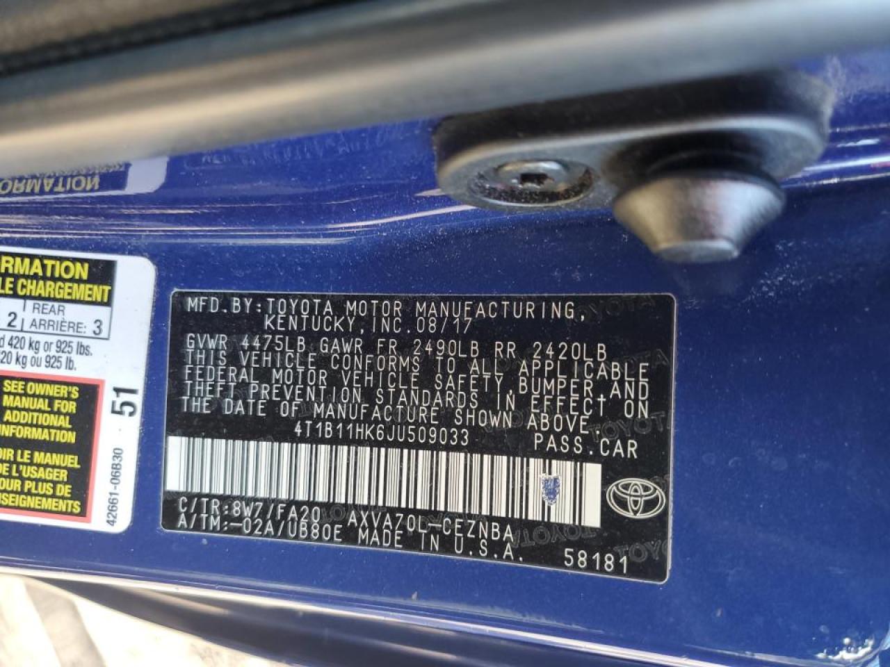 2018 Toyota Camry L VIN: 4T1B11HK6JU509033 Lot: 85648025