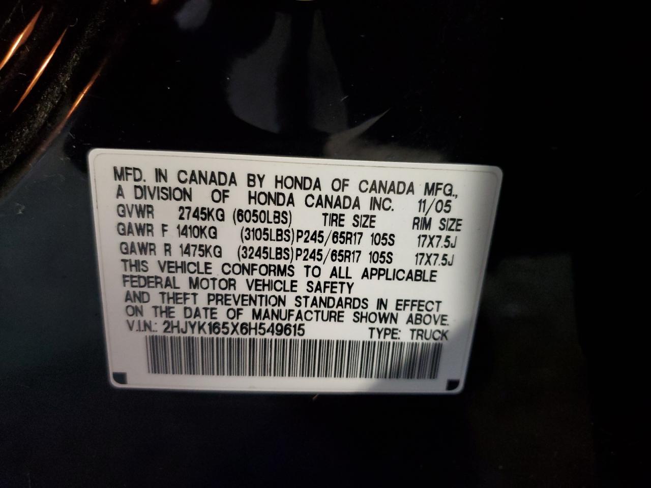 2006 Honda Ridgeline Rtl VIN: 2HJYK165X6H549615 Lot: 82707105