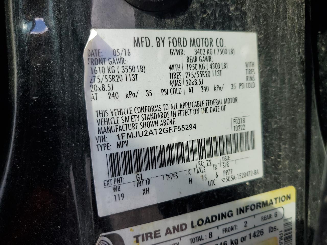 2016 Ford Expedition Limited VIN: 1FMJU2AT2GEF55294 Lot: 85668715