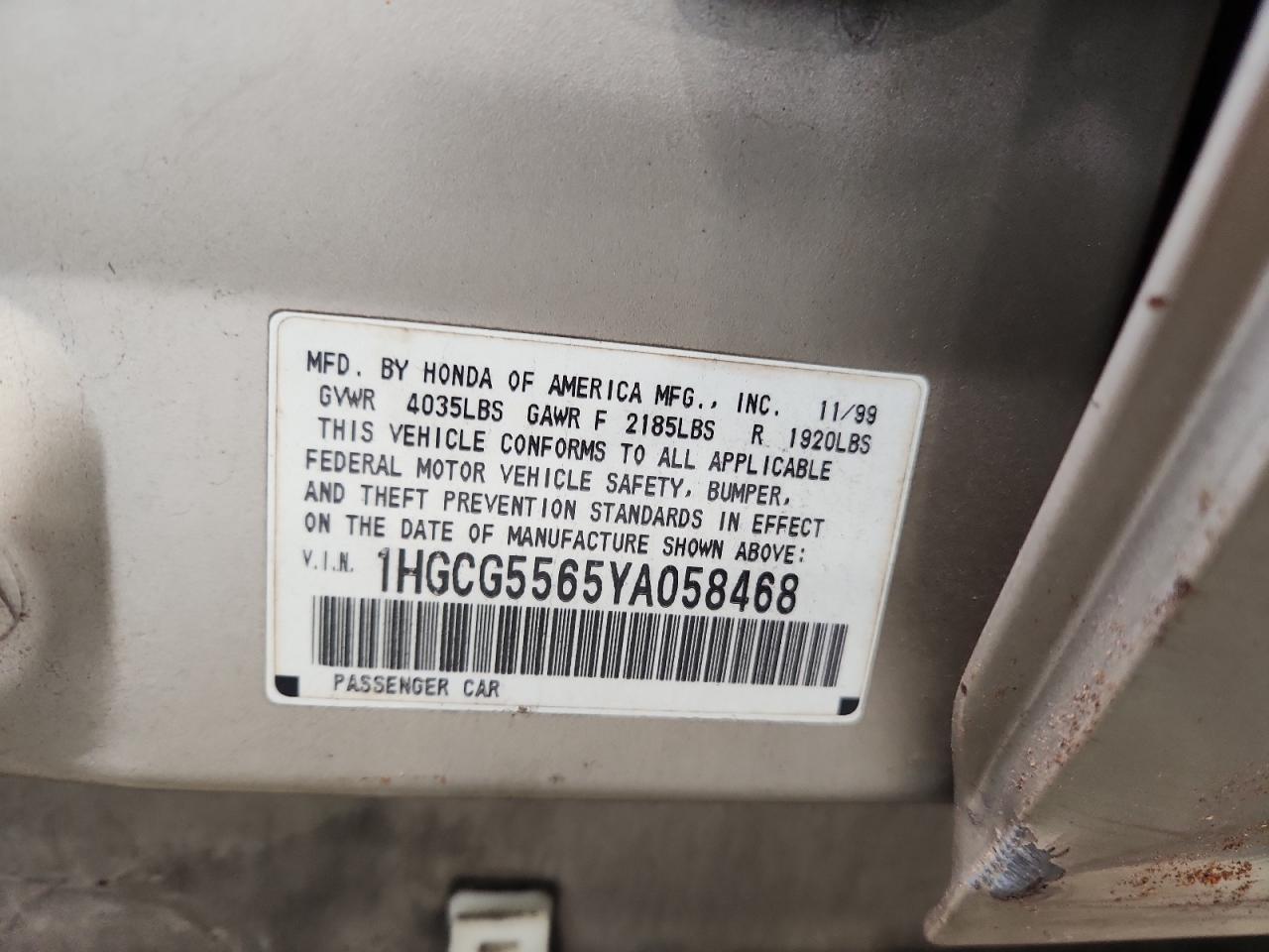 2000 Honda Accord Ex VIN: 1HGCG5565YA058468 Lot: 90396355
