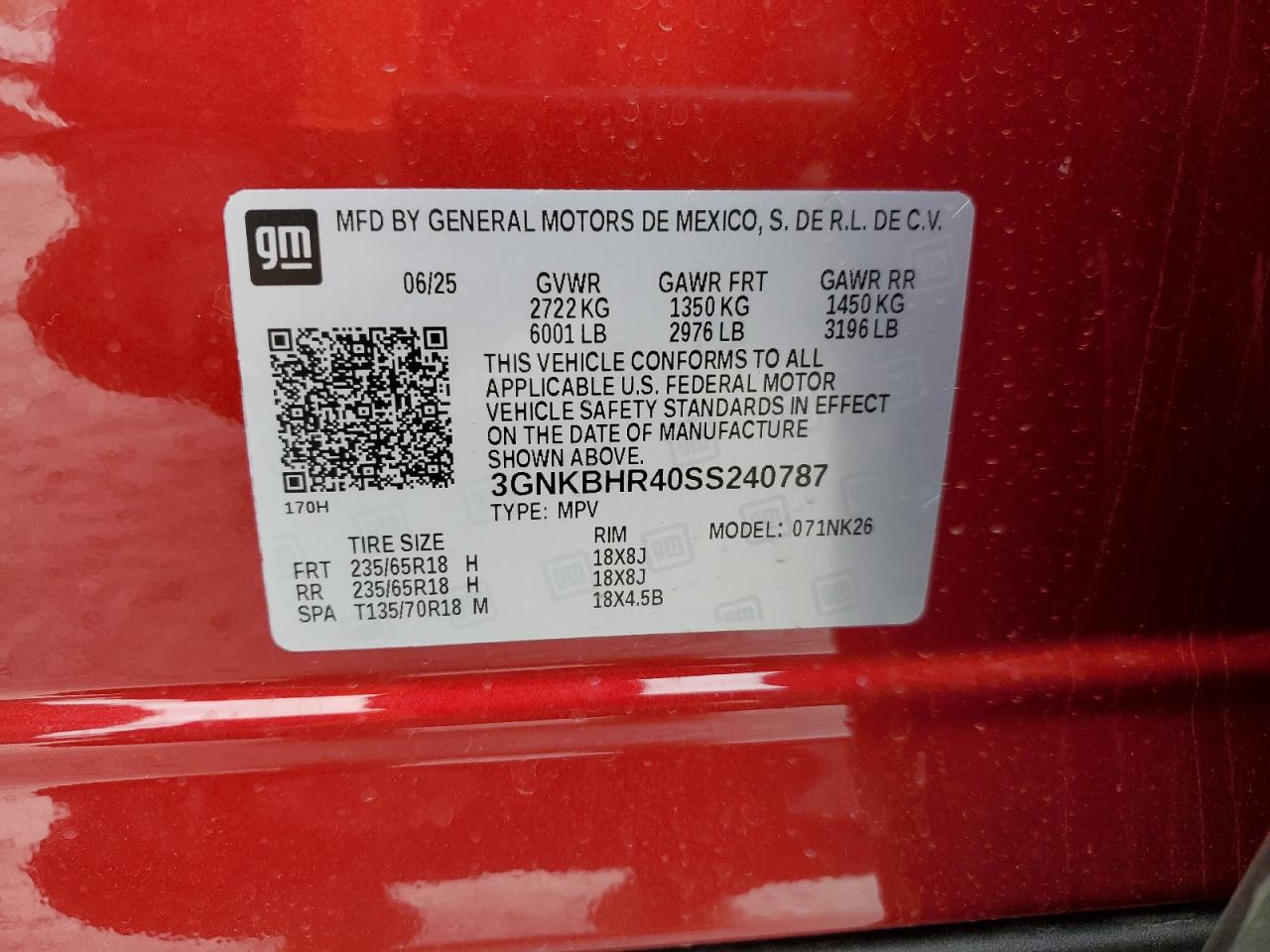 2025 Chevrolet Blazer 2Lt VIN: 3GNKBHR40SS240787 Lot: 87226395