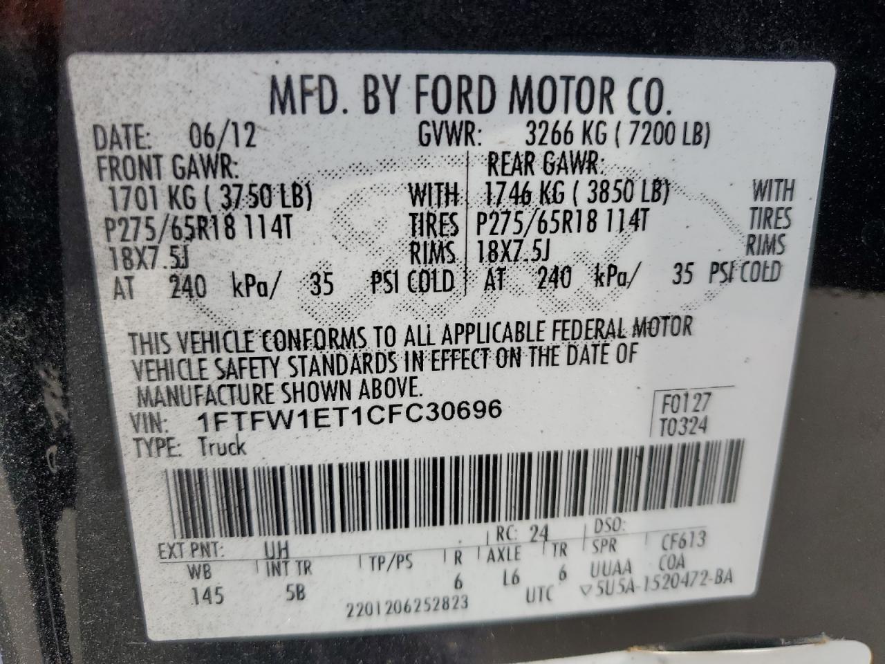 2012 Ford F150 Supercrew VIN: 1FTFW1ET1CFC30696 Lot: 87220895