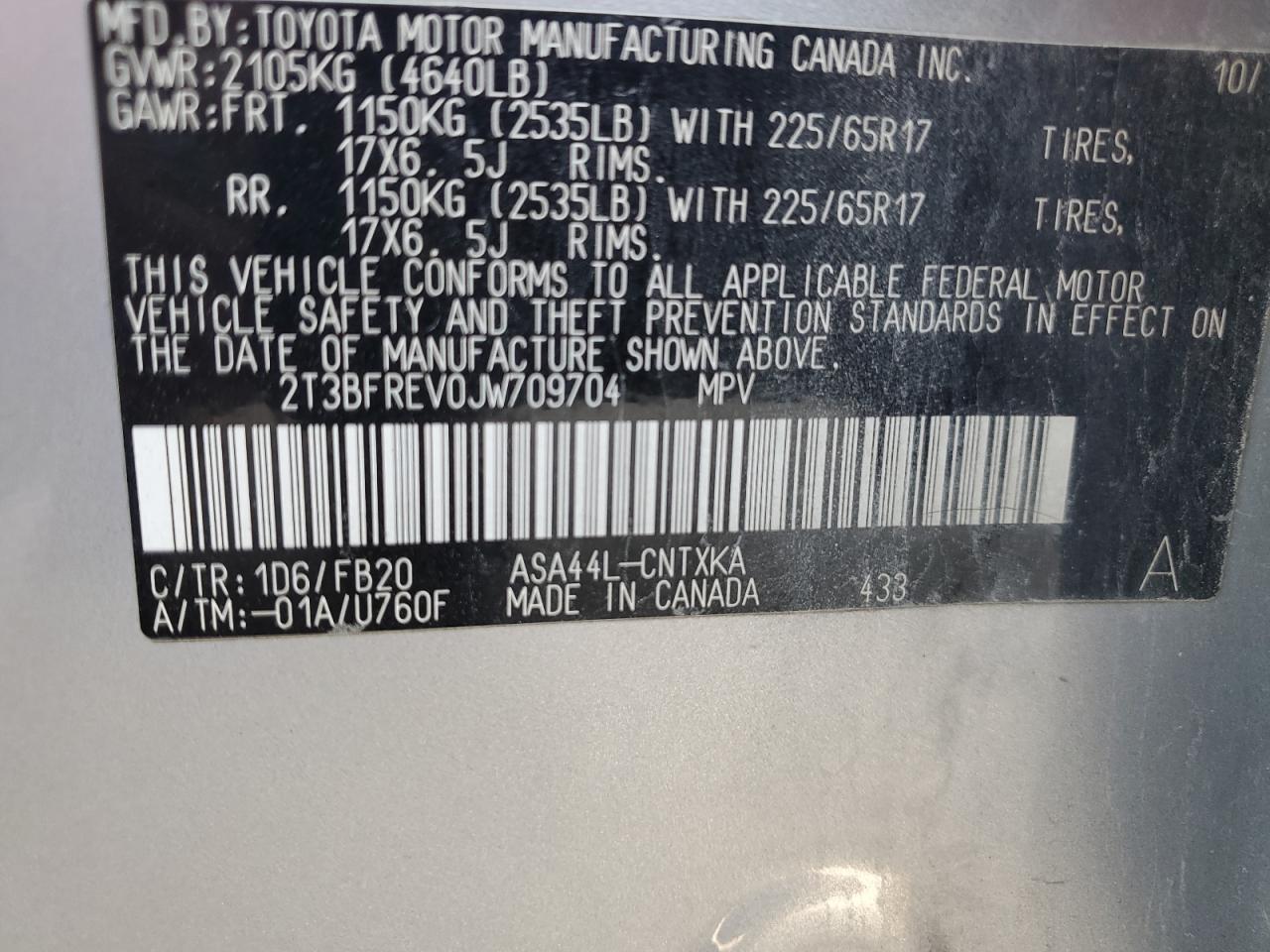 2018 Toyota Rav4 Le VIN: 2T3BFREV0JW709704 Lot: 84770675