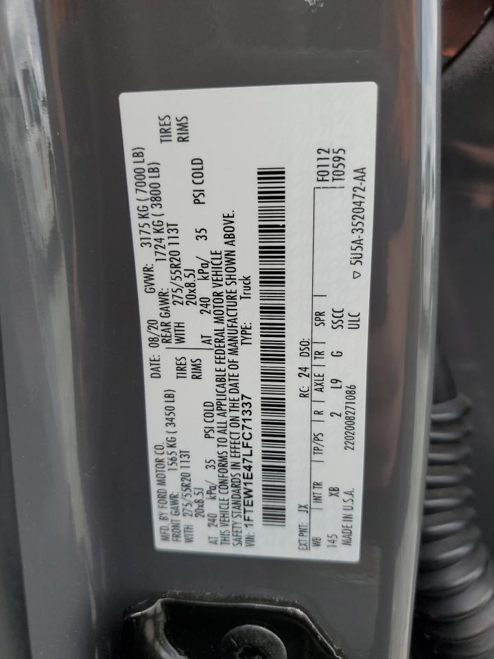 2020 Ford F150 Supercrew VIN: 1FTEW1E47LFC71337 Lot: 84956415