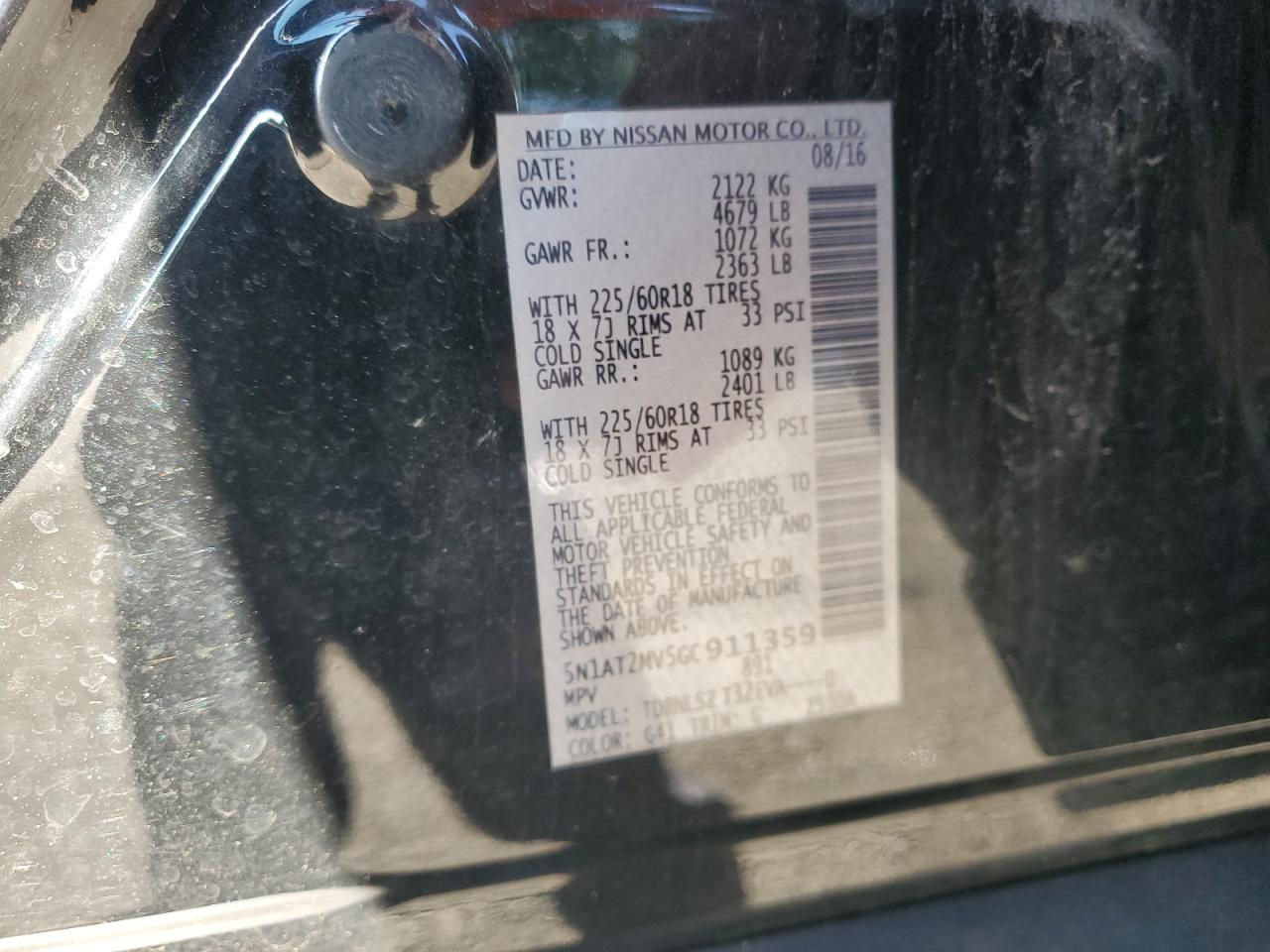 2016 Nissan Rogue S VIN: 5N1AT2MV5GC911359 Lot: 81947015