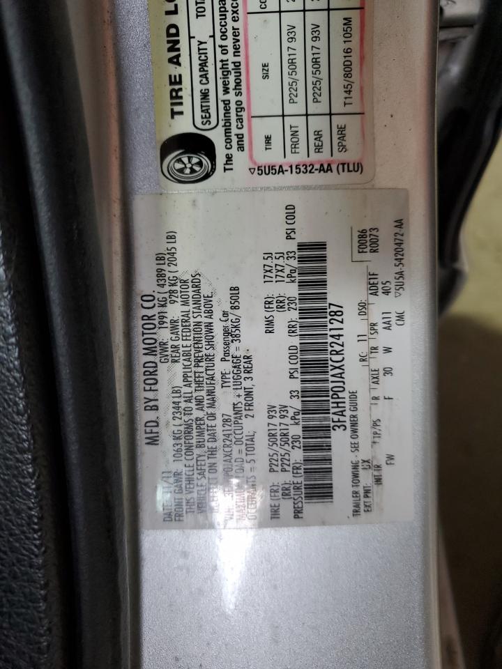 2012 Ford Fusion Sel VIN: 3FAHP0JAXCR241287 Lot: 90049325