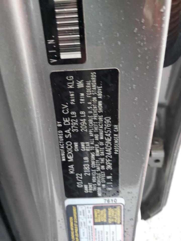 2022 Kia Forte Fe VIN: 3KPF24AD5NE457690 Lot: 82498555