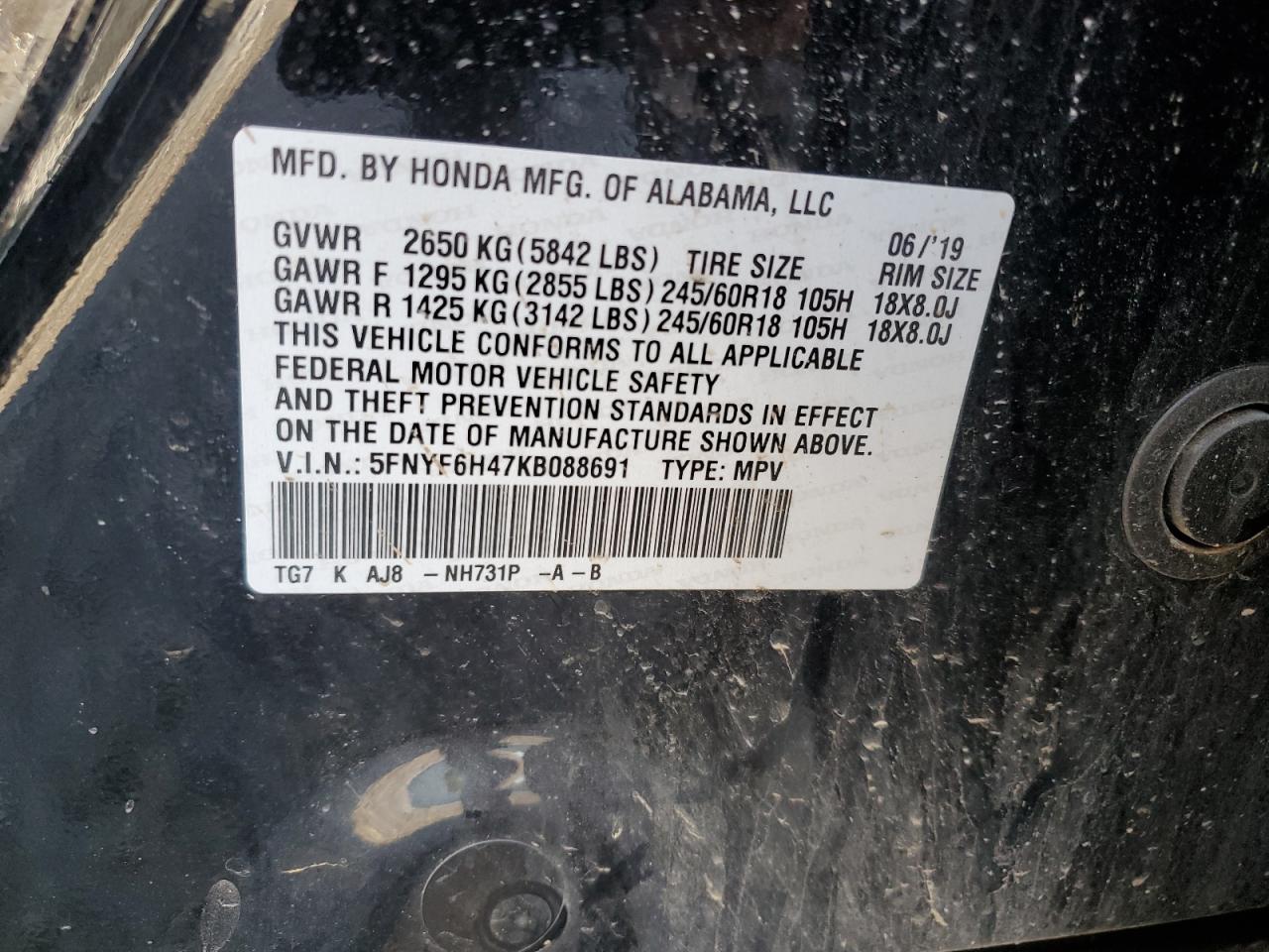 2019 Honda Pilot Exl VIN: 5FNYF6H47KB088691 Lot: 82618965