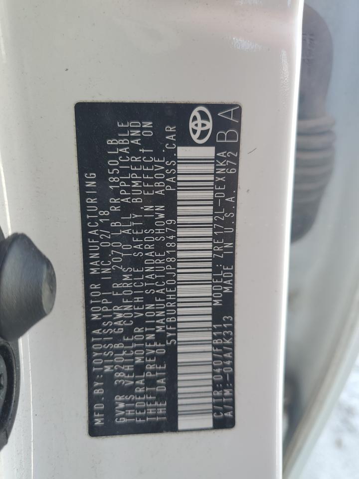 2018 Toyota Corolla L VIN: 5YFBURHE0JP818479 Lot: 82478785