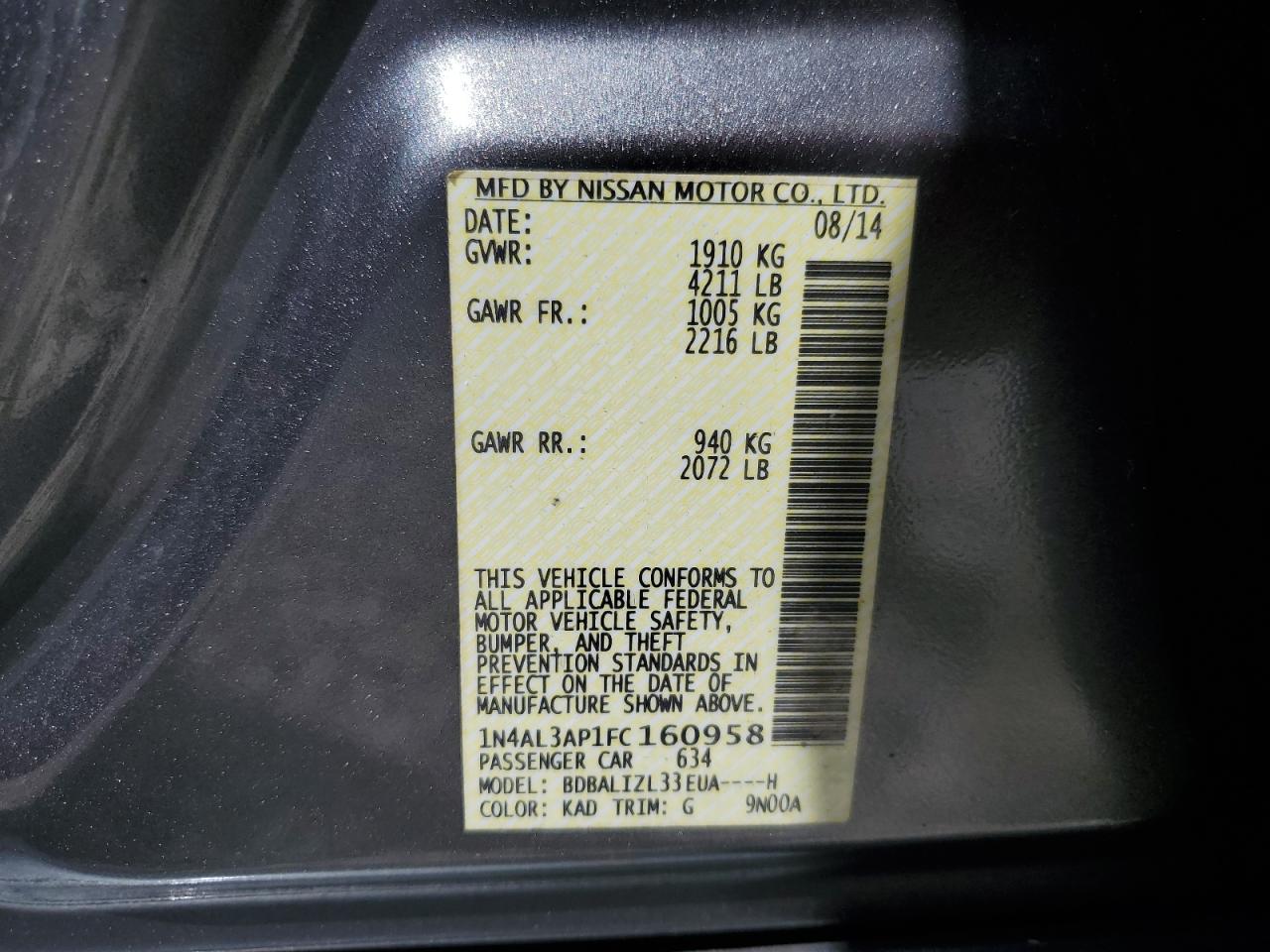 2015 Nissan Altima 2.5 VIN: 1N4AL3AP1FC160958 Lot: 85200265