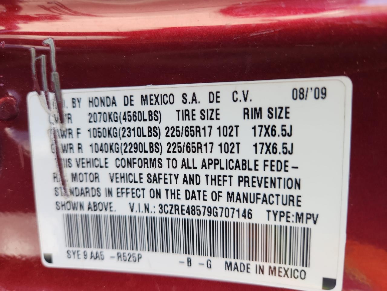2009 Honda Cr-V Ex VIN: 3CZRE48579G707146 Lot: 84443025