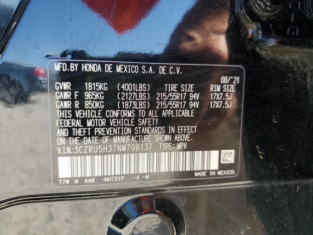 2022 Honda Hr-V Lx VIN: 3CZRU5H37NM708137 Lot: 81976045