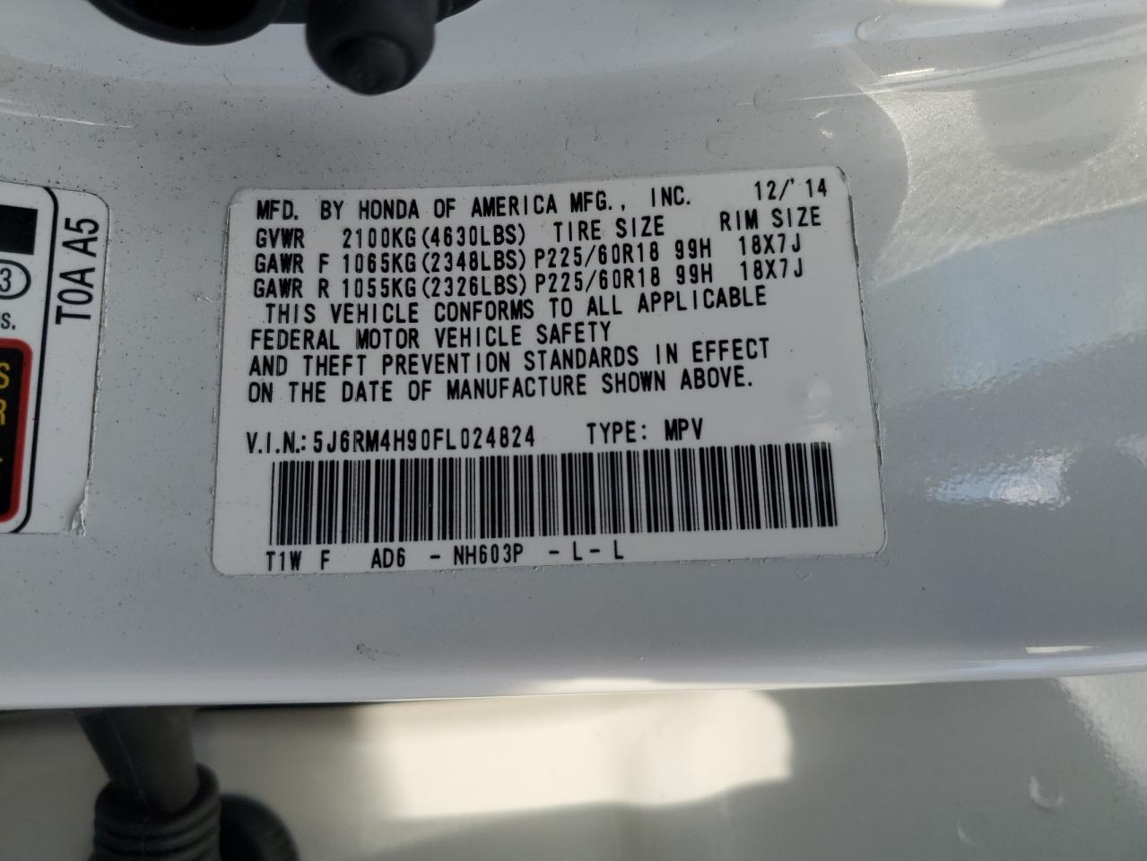 2015 Honda Cr-V Touring VIN: 5J6RM4H90FL024824 Lot: 84861715