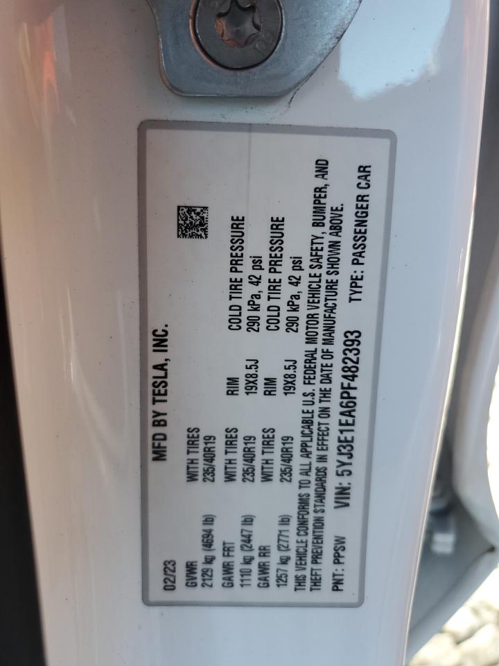 2023 Tesla Model 3 VIN: 5YJ3E1EA6PF482393 Lot: 84892155