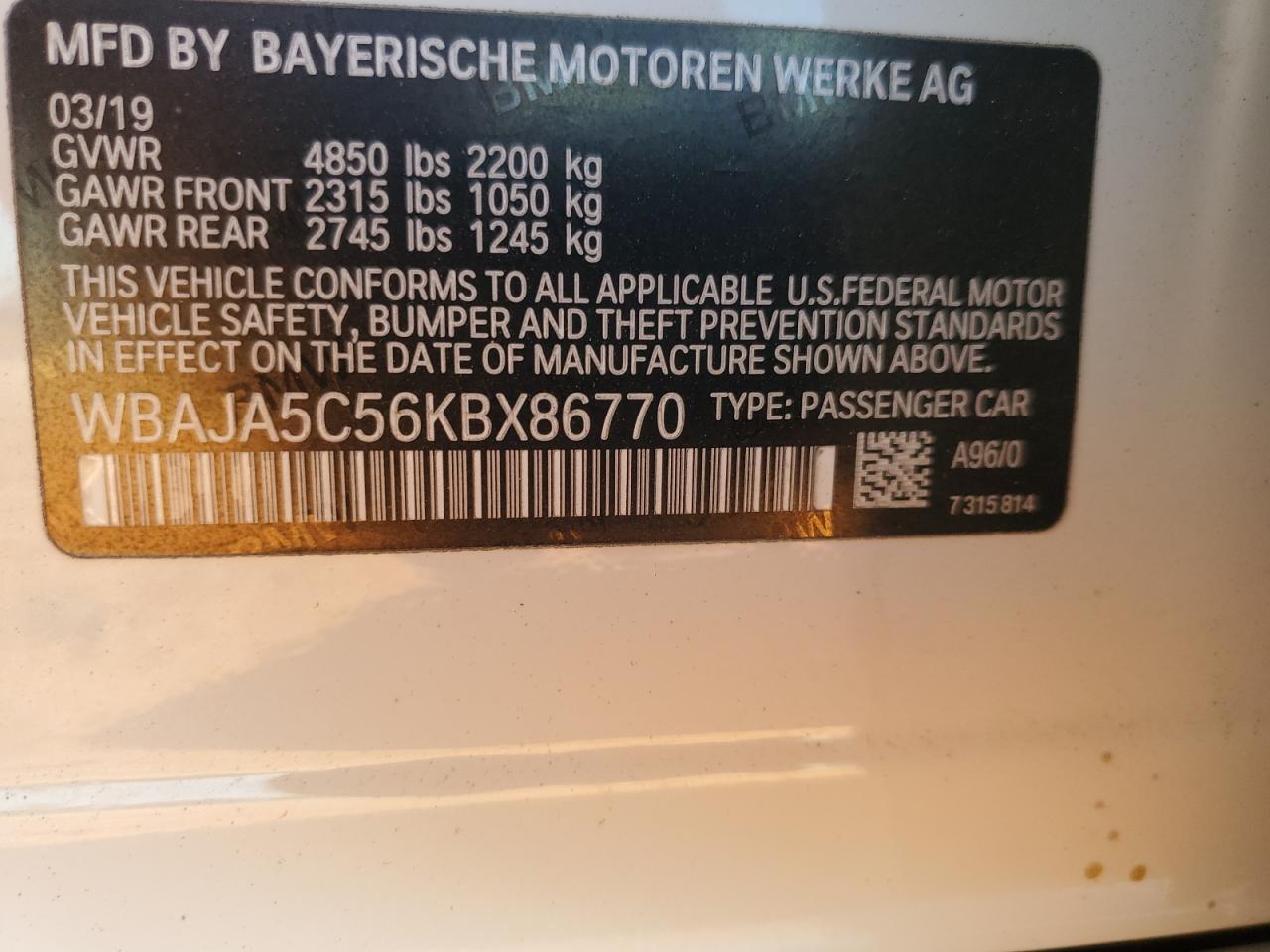 2019 BMW 530 I VIN: WBAJA5C56KBX86770 Lot: 89549785