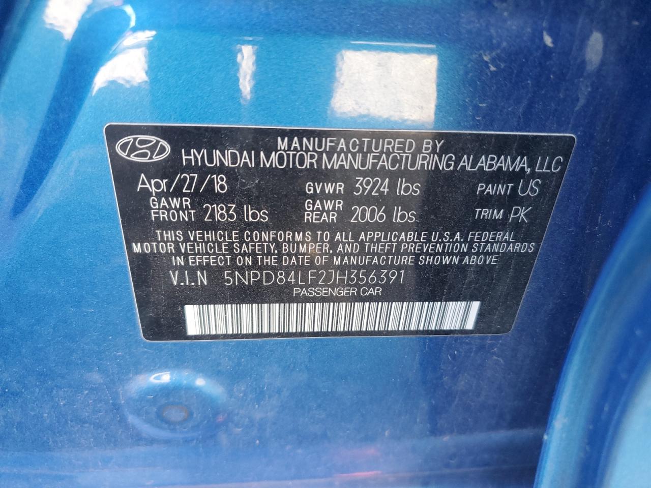 2018 Hyundai Elantra Sel VIN: 5NPD84LF2JH356391 Lot: 86083975