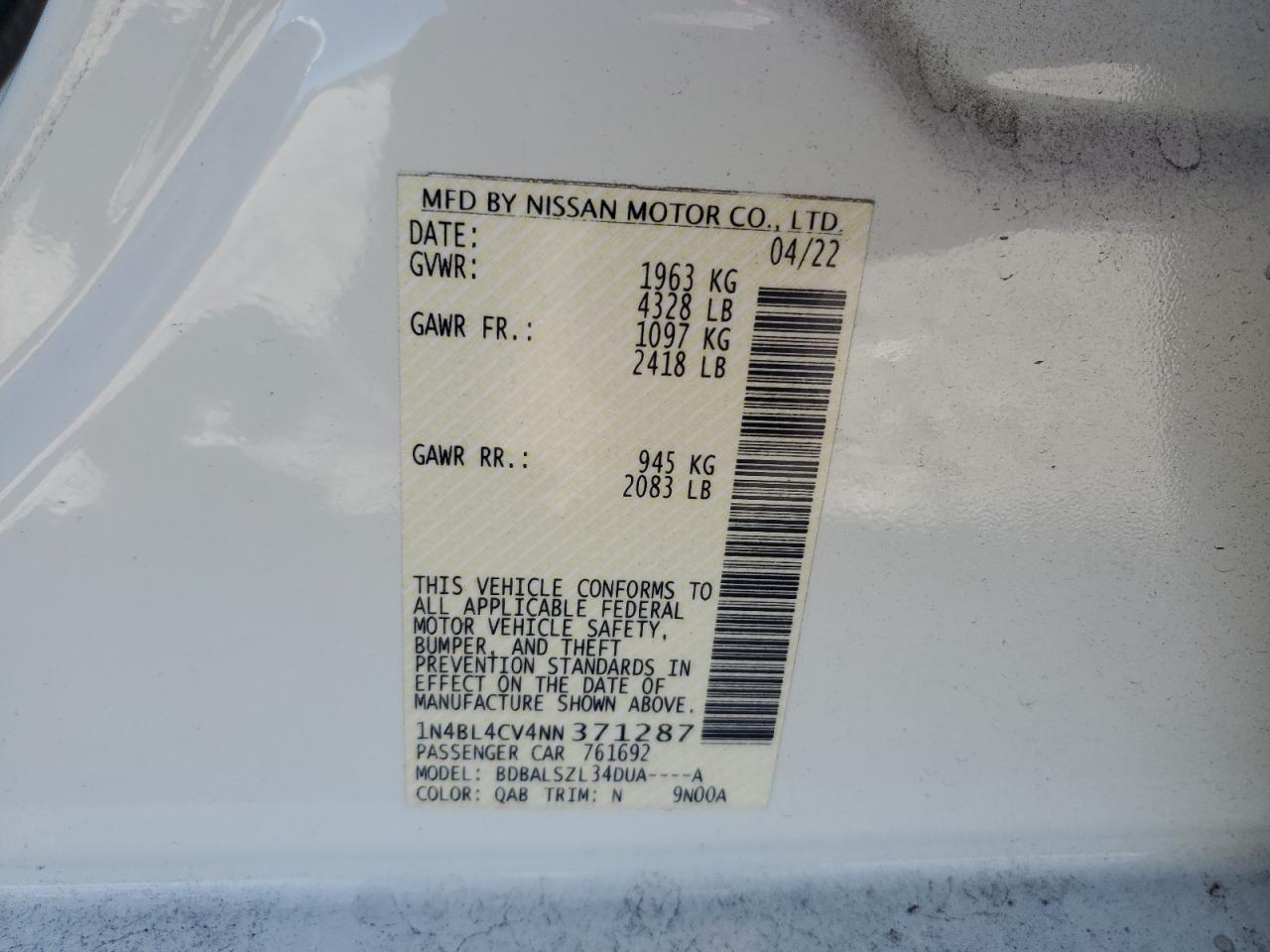 2022 Nissan Altima Sr VIN: 1N4BL4CV4NN371287 Lot: 82361295