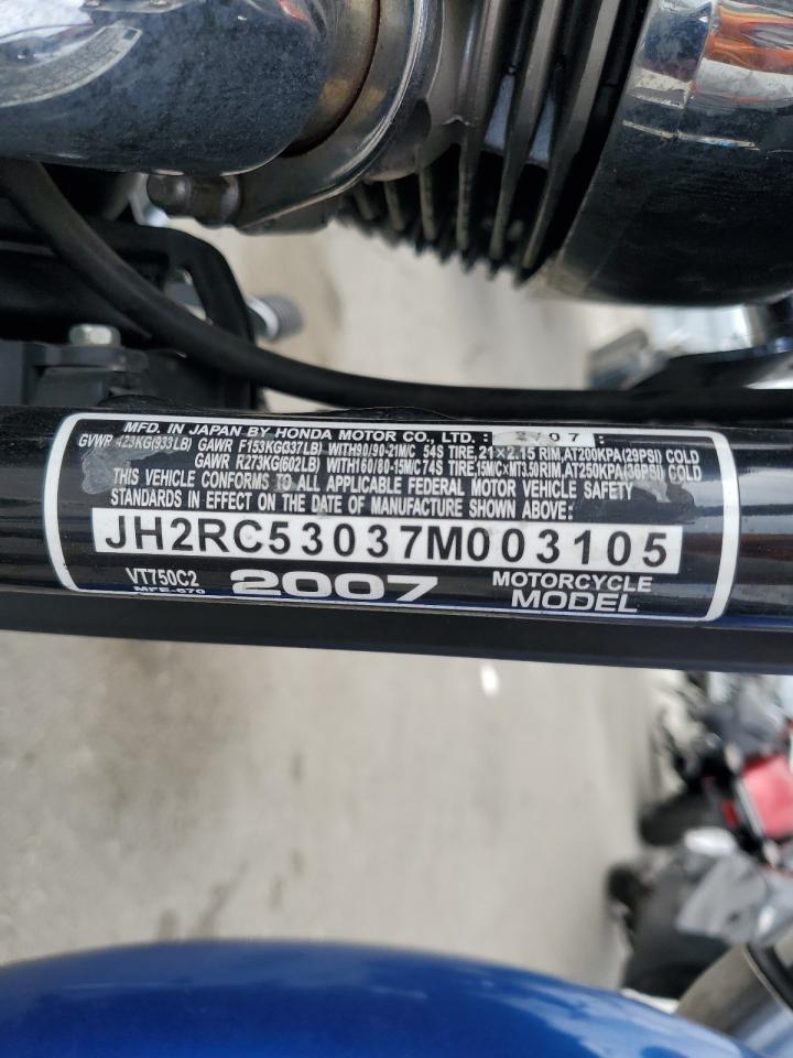 2007 Honda Vt750 C2 VIN: JH2RC53037M003105 Lot: 86502285
