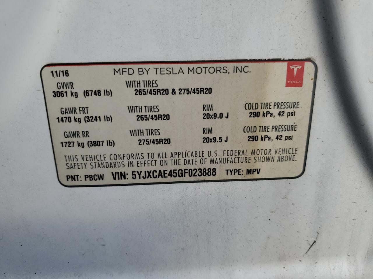 2016 Tesla Model X VIN: 5YJXCAE45GF023888 Lot: 86449745