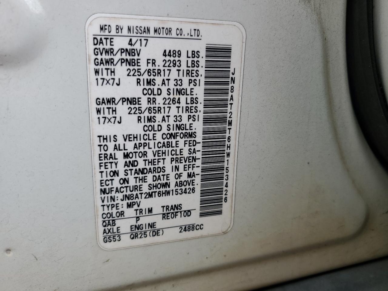 2017 Nissan Rogue S VIN: JN8AT2MT6HW153426 Lot: 85368065