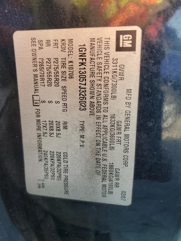 2007 Chevrolet Tahoe K1500 VIN: 1GNFK13057J326023 Lot: 84969765