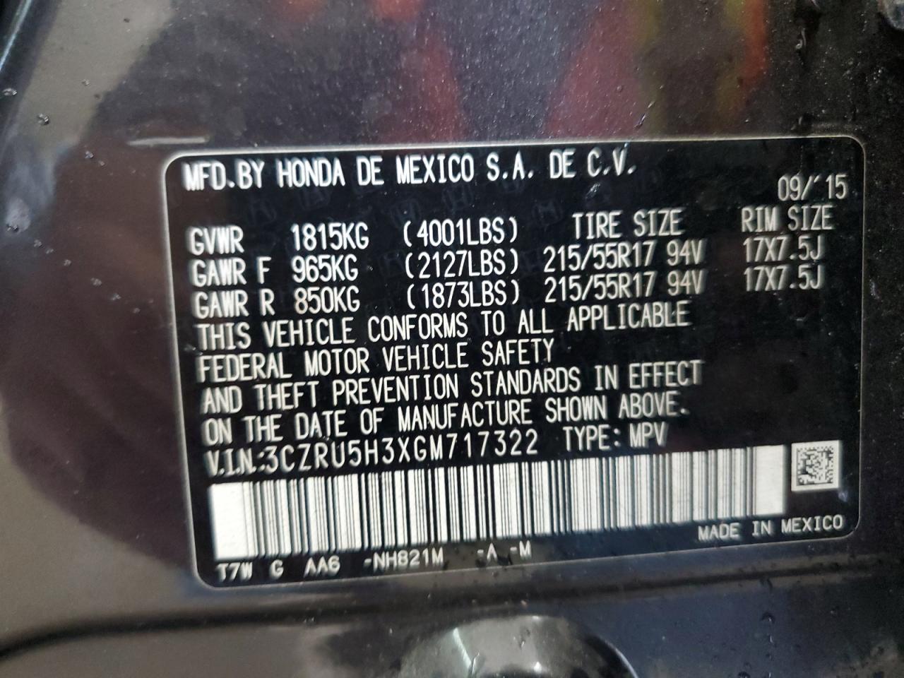 2016 Honda Hr-V Lx VIN: 3CZRU5H3XGM717322 Lot: 85549905