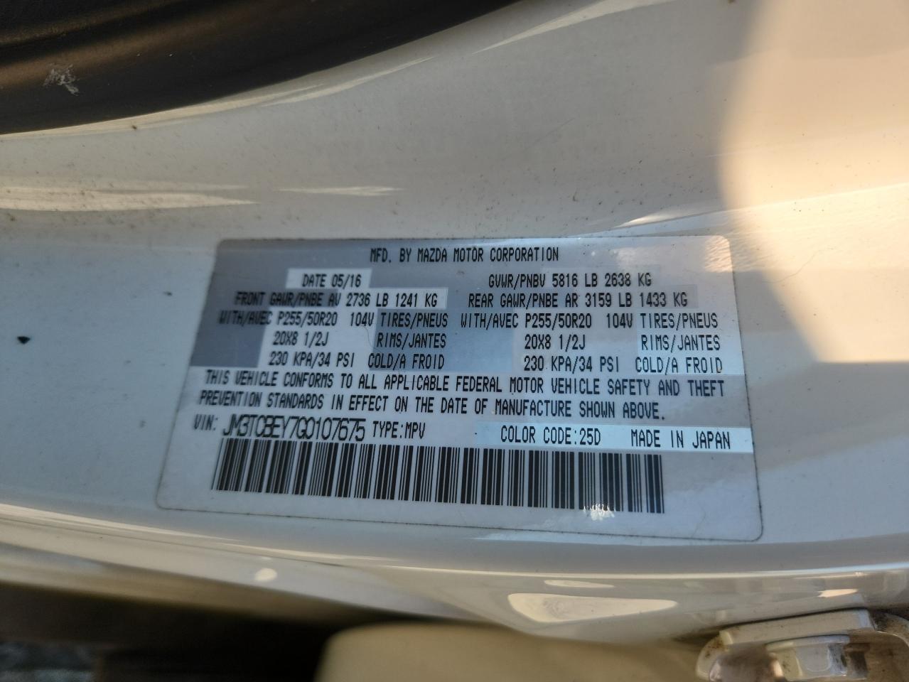 2016 Mazda Cx-9 Signature VIN: JM3TCBEY7G0107675 Lot: 90741805