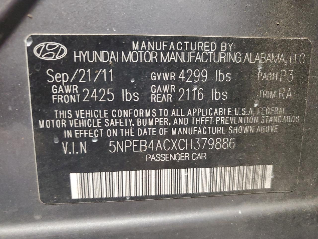 2012 Hyundai Sonata Gls VIN: 5NPEB4ACXCH379886 Lot: 85905745