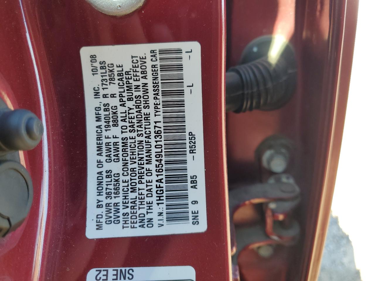 2009 Honda Civic Lx VIN: 1HGFA16549L013671 Lot: 81487395