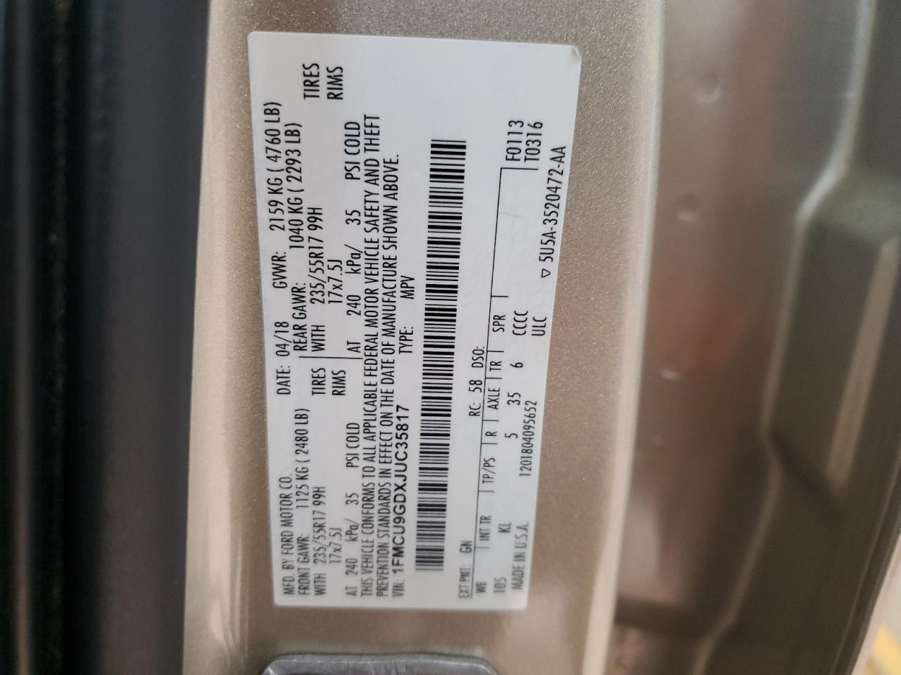 2018 Ford Escape Se VIN: 1FMCU9GDXJUC35817 Lot: 82746185