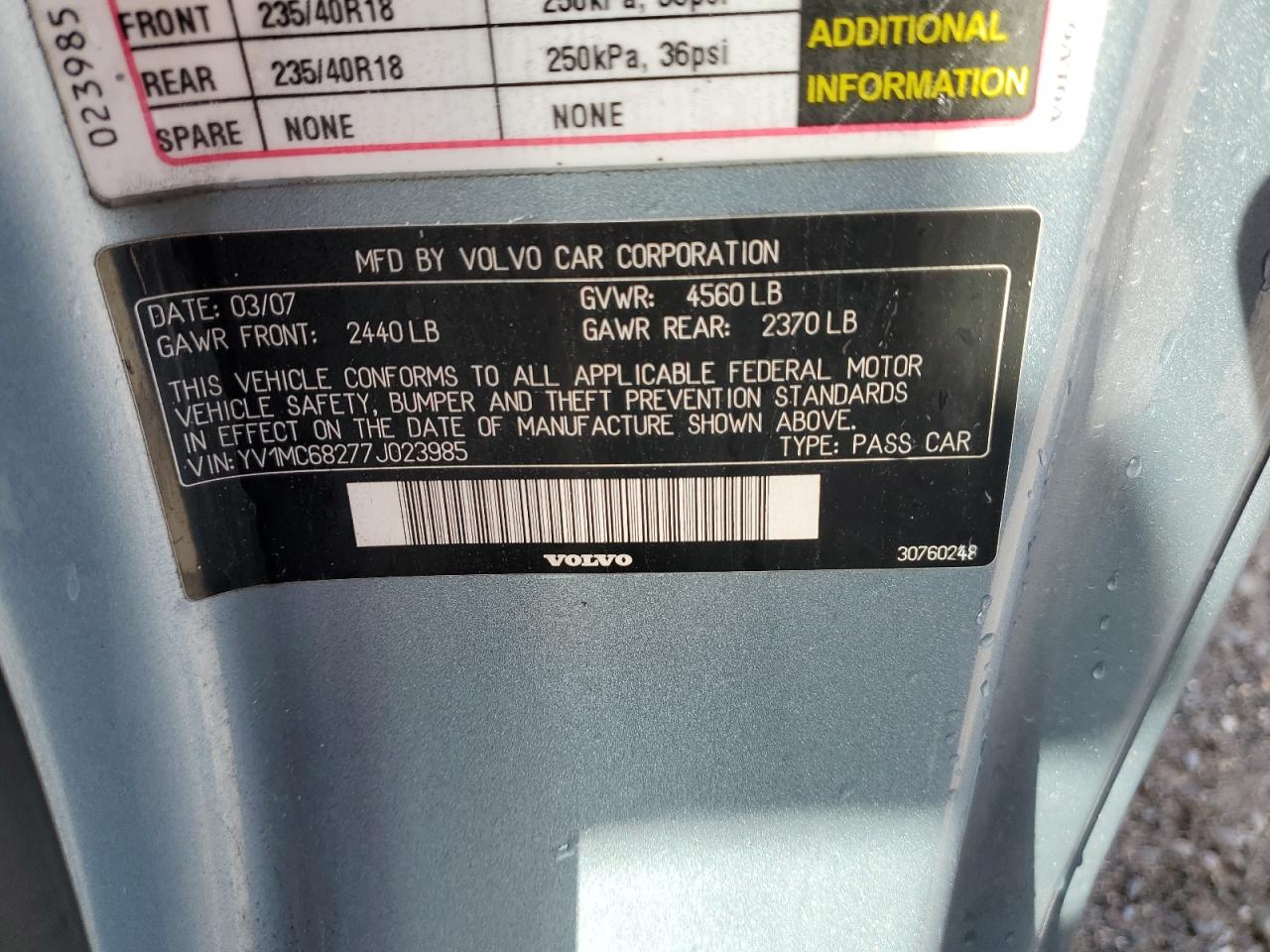 2007 Volvo C70 T5 VIN: YV1MC68277J023985 Lot: 85257005