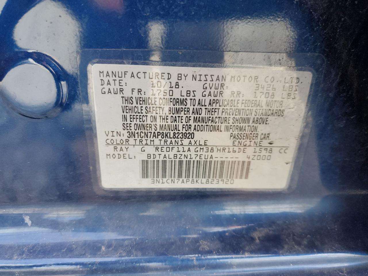 2019 Nissan Versa S VIN: 3N1CN7AP8KL823920 Lot: 86059905