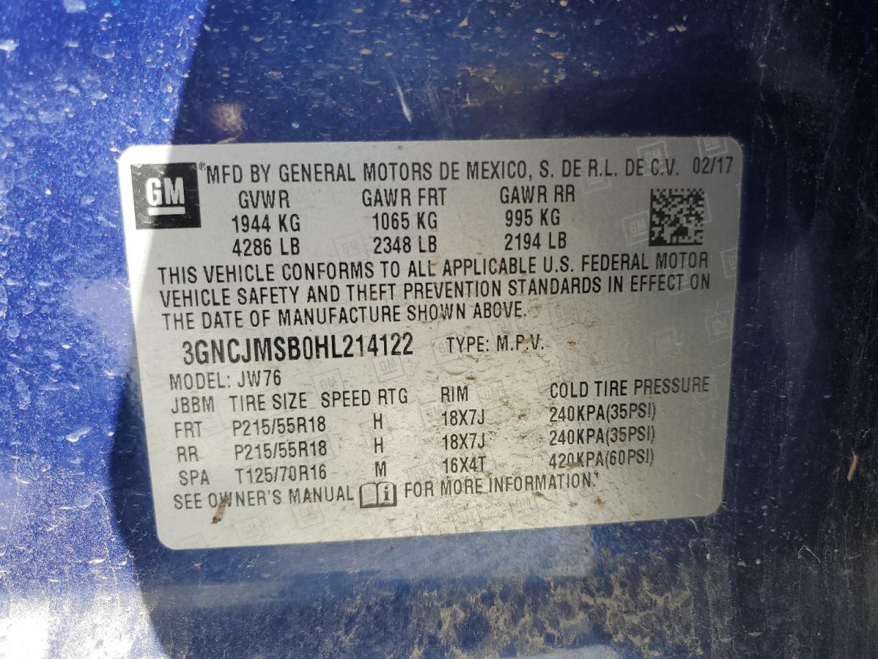 2017 Chevrolet Trax Premier VIN: 3GNCJMSB0HL214122 Lot: 87248115