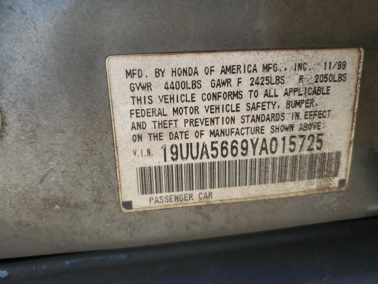 2000 Acura 3.2Tl VIN: 19UUA5669YA015725 Lot: 87281445