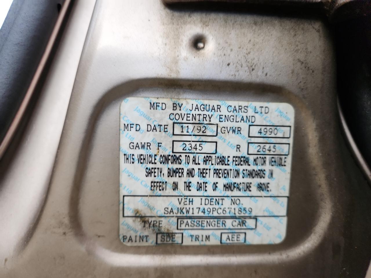 1993 Jaguar Xj6 Vanden Plas VIN: SAJKW1749PC671859 Lot: 86042865