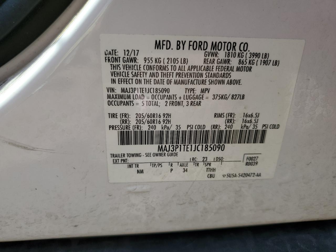 2018 Ford Ecosport Se VIN: MAJ3P1TE1JC185090 Lot: 85102445