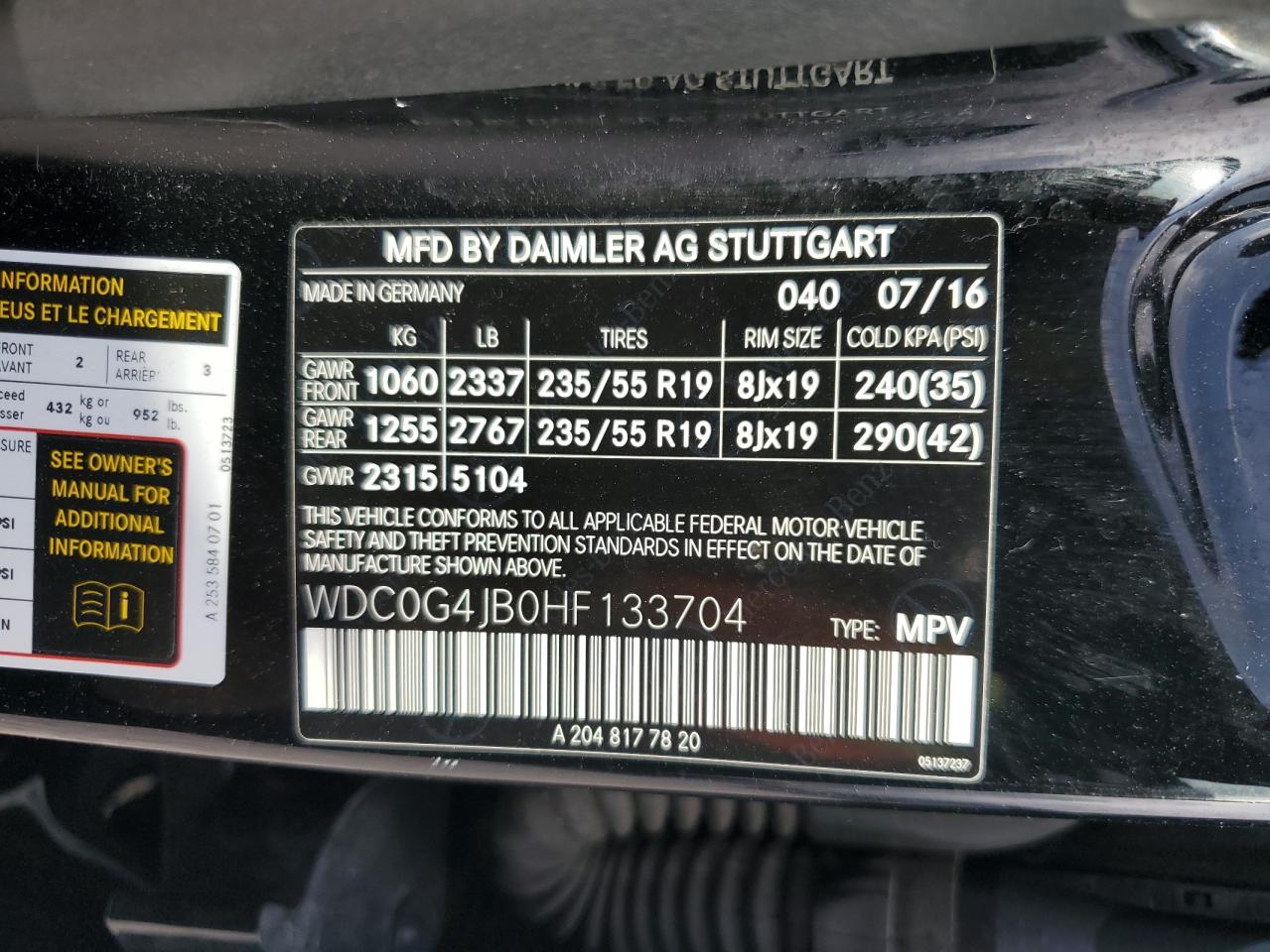 2017 Mercedes-Benz Glc 300 VIN: WDC0G4JB0HF133704 Lot: 85324885