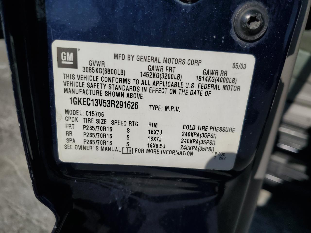 2003 GMC Yukon VIN: 1GKEC13V53R291626 Lot: 82203865