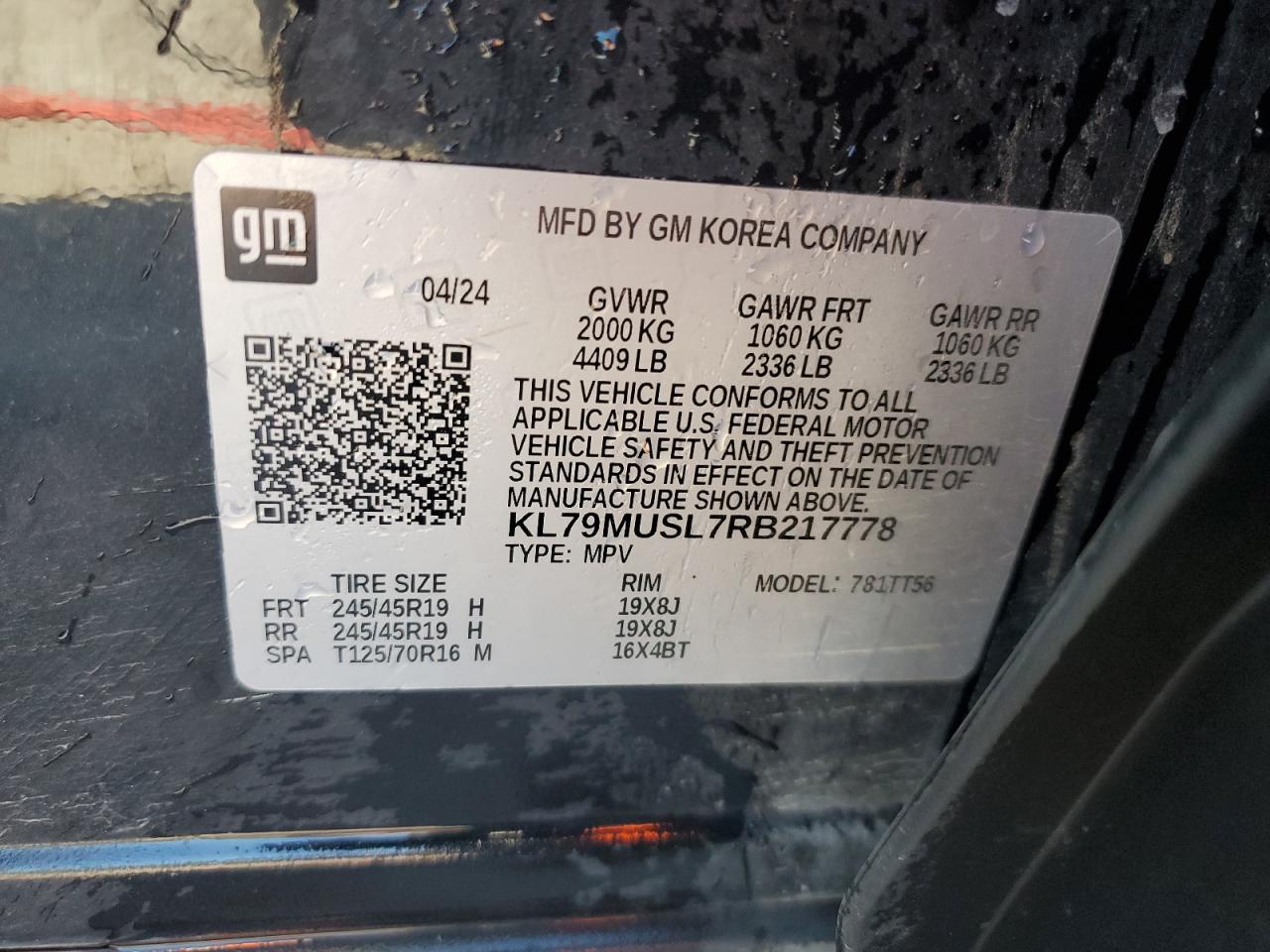 2024 Chevrolet Trailblazer Rs VIN: KL79MUSL7RB217778 Lot: 87040235