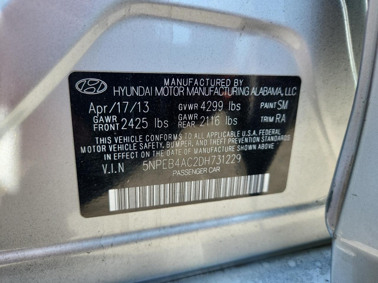 2013 Hyundai Sonata Gls VIN: 5NPEB4AC2DH731229 Lot: 84458655