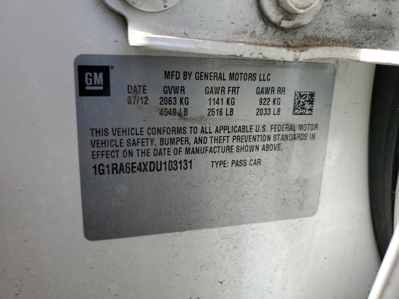 2013 Chevrolet Volt VIN: 1G1RA6E4XDU103131 Lot: 85891355