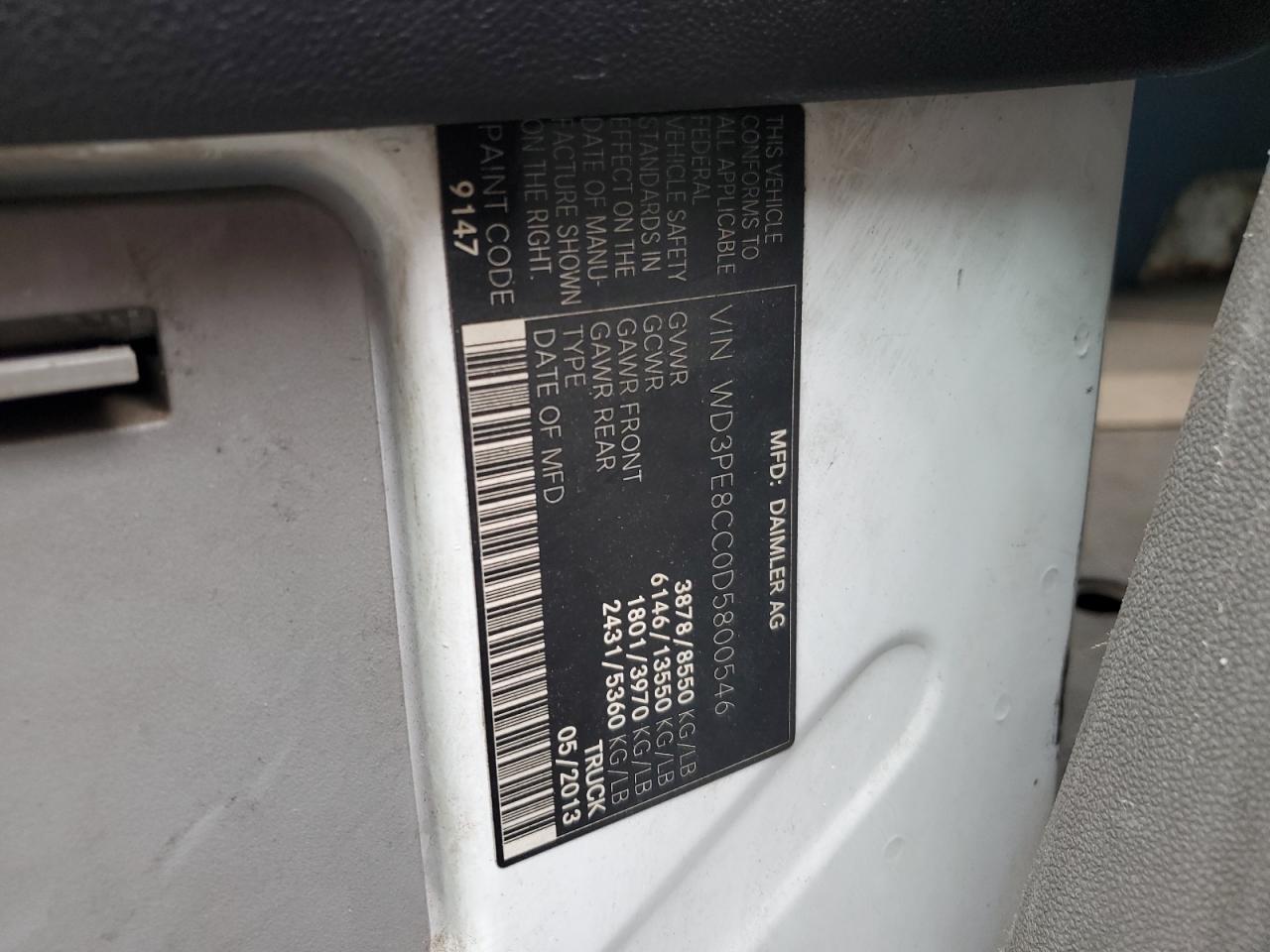 2013 Mercedes-Benz Sprinter 2500 VIN: WD3PE8CC0D5800546 Lot: 86091275