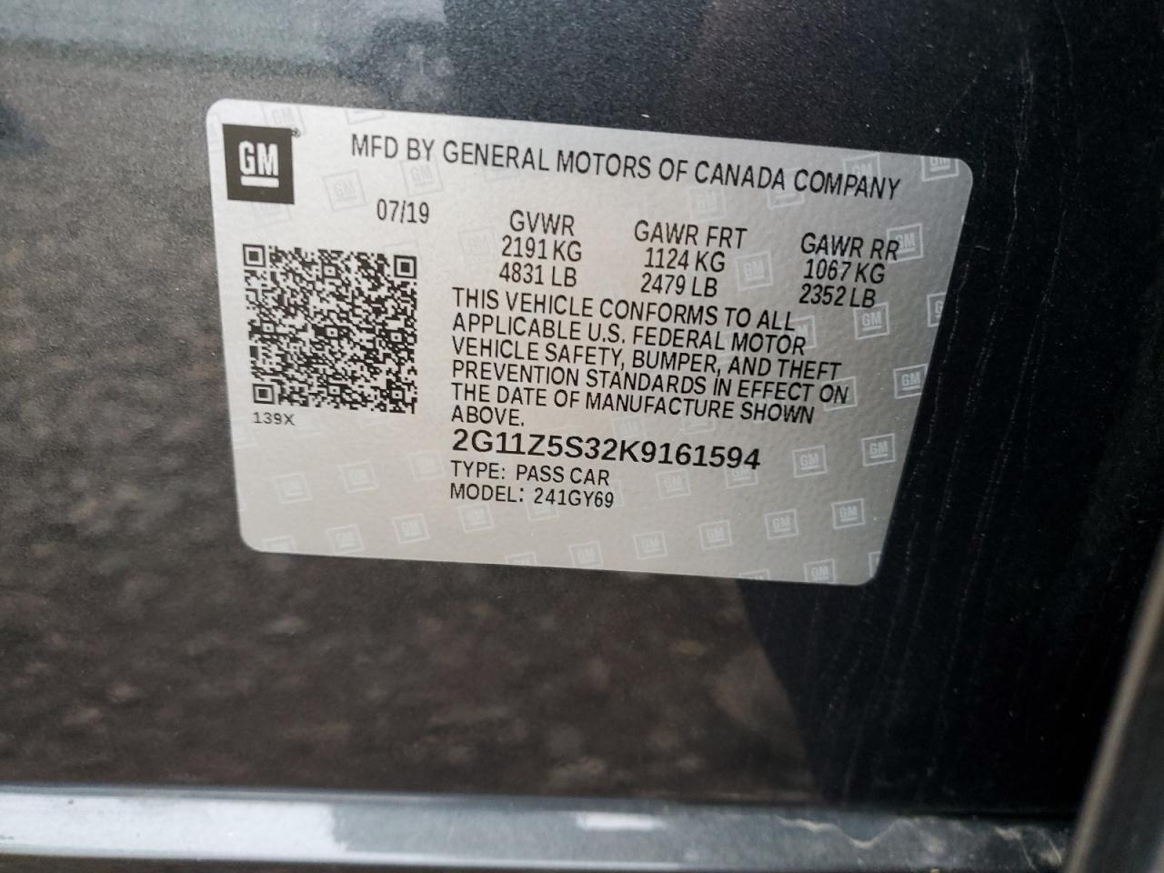 2019 Chevrolet Impala Lt VIN: 2G11Z5S32K9161594 Lot: 82379605